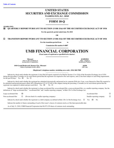 Vorschaubild UMB Financial Quartalsbericht 2010-q2