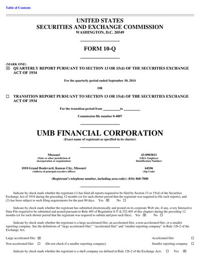 Vorschaubild UMB Financial Quartalsbericht 2014-q3