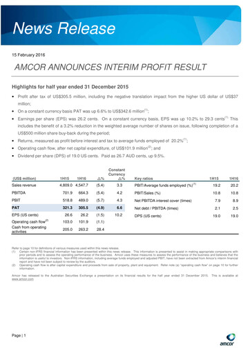 Thumbnail Amcor Half-year Report 2016-h1