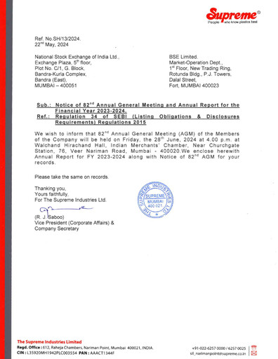 Thumbnail Supreme Industries
 Annual Report 2023-2024