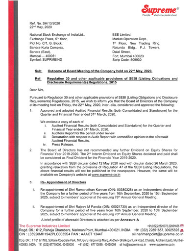 Thumbnail Supreme Industries
 Financial Statement 2019-2020