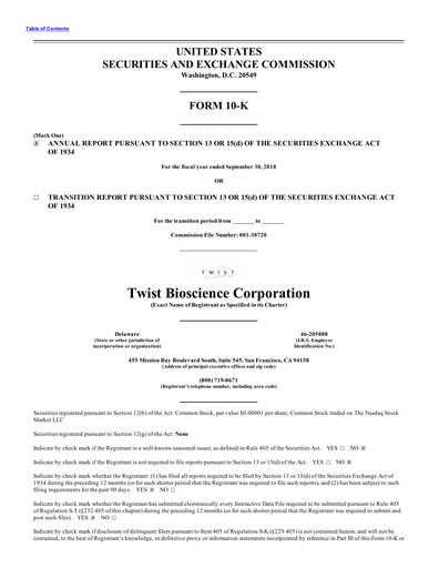 Thumbnail Twist Bioscience
 Annual Report 2018
