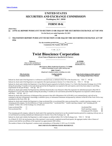 Thumbnail Twist Bioscience
 Annual Report 2019