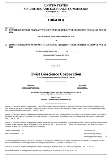 Miniature Twist Bioscience
 Rapport trimestriel 2019-q1