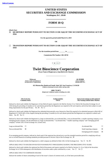 Miniature Twist Bioscience
 Rapport trimestriel 2019-q2