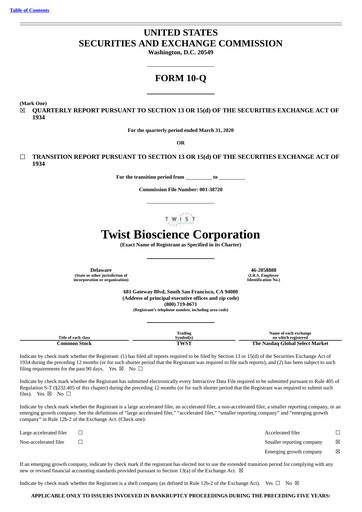 Miniature Twist Bioscience
 Rapport trimestriel 2020-q2