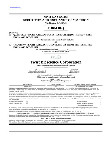 Miniature Twist Bioscience
 Rapport trimestriel 2022-q1