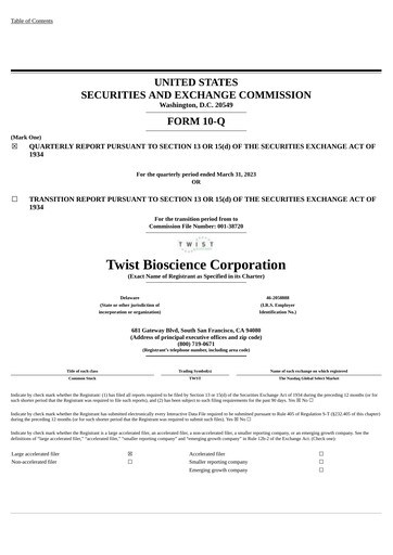 Miniature Twist Bioscience
 Rapport trimestriel 2023-q2