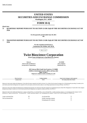 Miniature Twist Bioscience
 Rapport trimestriel 2023-q3