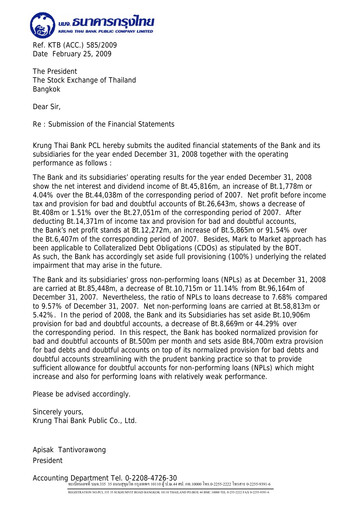 Thumbnail Krung Thai Bank Financial Statement 2008