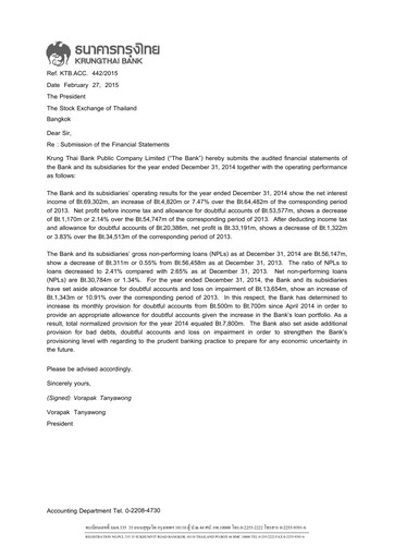 Thumbnail Krung Thai Bank Financial Statement 2014