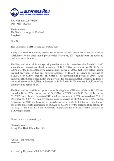 Thumbnail Krung Thai Bank Quarterly Report 2008-q1