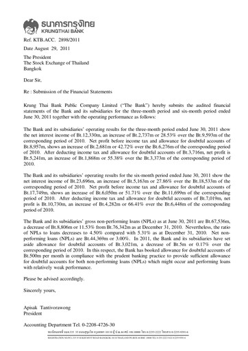 Thumbnail Krung Thai Bank Quarterly Report 2011-q2