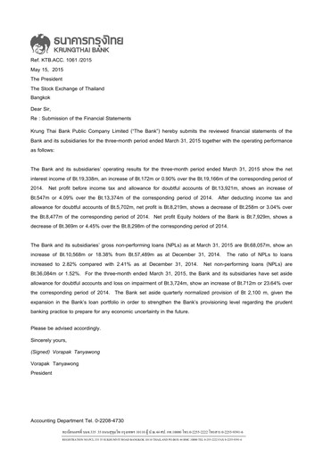 Thumbnail Krung Thai Bank Quarterly Report 2015-q1