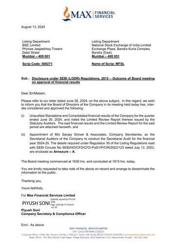 Miniature Max Financial Services
 Rapport trimestriel 2024-q1
