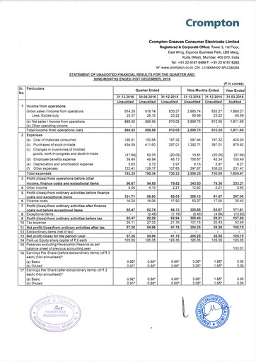 Miniature Crompton Greaves Consumer Electricals Rapport trimestriel 2016-2017-q3