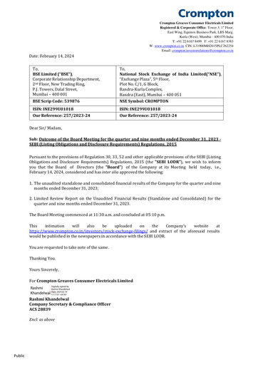 Miniature Crompton Greaves Consumer Electricals Rapport trimestriel 2023-2024-q3