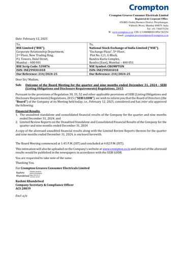Thumbnail Crompton Greaves Consumer Electricals Quarterly Report 2024-2025-q3