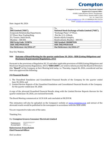 Thumbnail Crompton Greaves Consumer Electricals Quarterly Report 2026-2027-q1