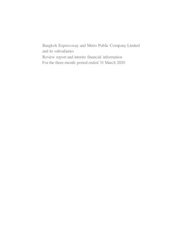 Miniature Bangkok Expressway and Metro (BEM) Rapport trimestriel 2020-q1