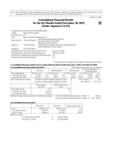 Miniature Sakata Seed Rapport semestriel 2026-h1