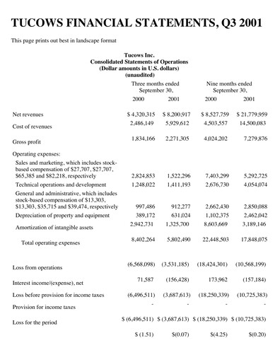 Thumbnail Tucows Financial Statement 2001-9m