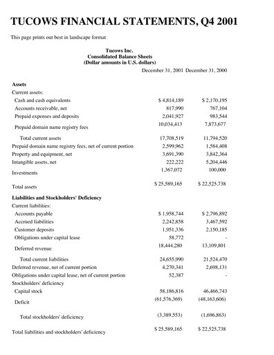 Thumbnail Tucows Financial Statement 2001