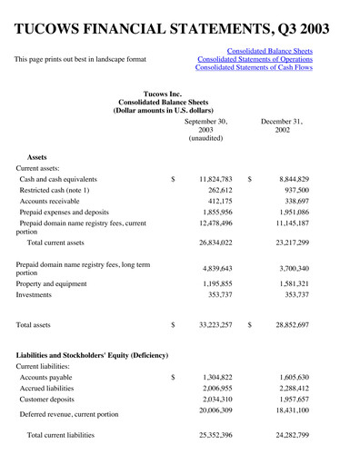 Thumbnail Tucows Financial Statement 2003-9m