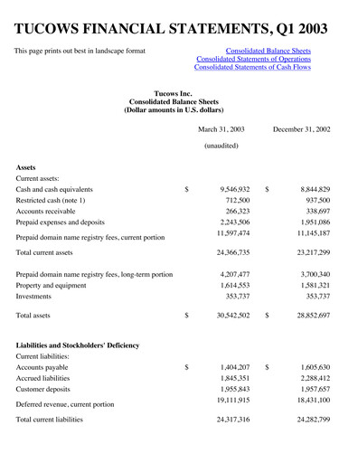 Thumbnail Tucows Financial Statement 2003-q1