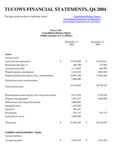 Thumbnail Tucows Financial Statement 2004
