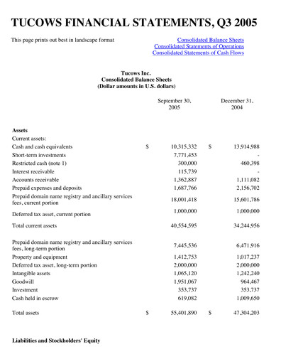 Thumbnail Tucows Financial Statement 2005-9m