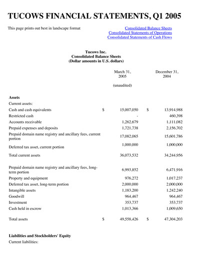 Thumbnail Tucows Financial Statement 2005-q1