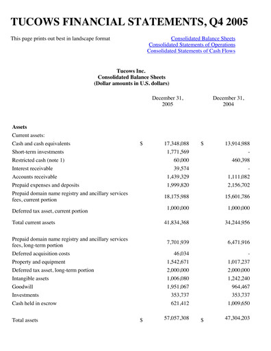 Thumbnail Tucows Financial Statement 2005