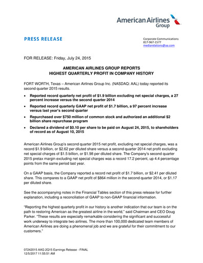 Thumbnail American Airlines Quarterly Report 2015-q2