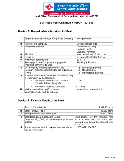 Thumbnail Central Bank of India ESG Report 2018-2019