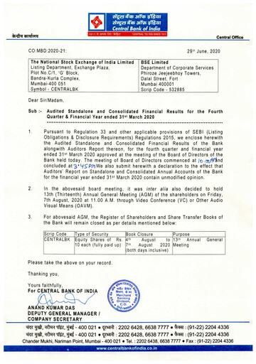 Thumbnail Central Bank of India Financial Statement 2019-2020