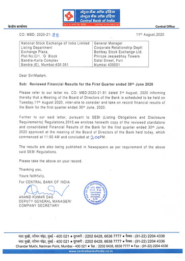 Thumbnail Central Bank of India Quarterly Report 2020-q1