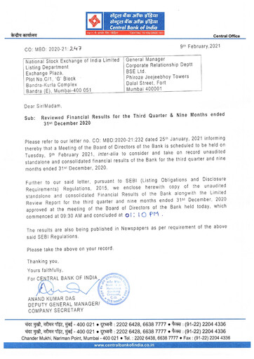 Thumbnail Central Bank of India Quarterly Report 2020-q3