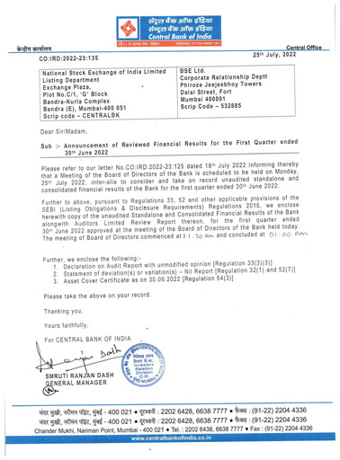 Thumbnail Central Bank of India Quarterly Report 2022-q1