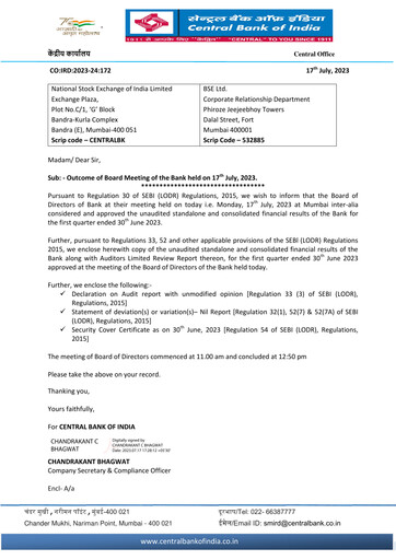 Thumbnail Central Bank of India Quarterly Report 2023-q1