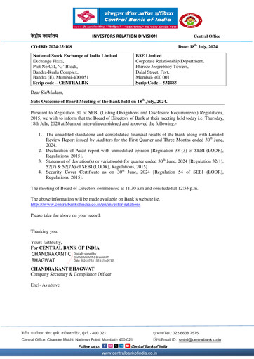 Thumbnail Central Bank of India Quarterly Report 2024-q1