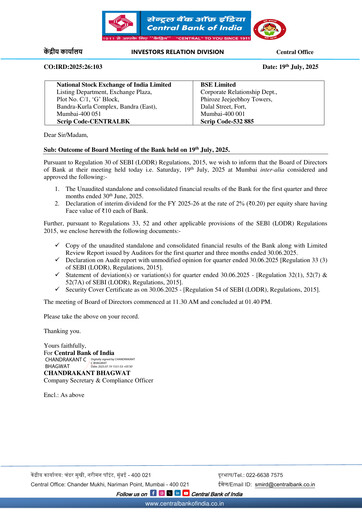 Thumbnail Central Bank of India Quarterly Report 2025-q1
