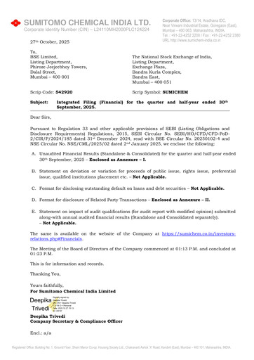 Thumbnail Sumitomo Chemical
 India Quarterly Report 2025-q2