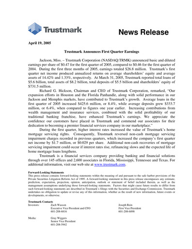 Thumbnail Trustmark Quarterly Report 2005-q1
