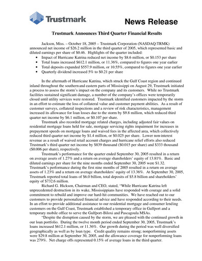 Thumbnail Trustmark Quarterly Report 2005-q3