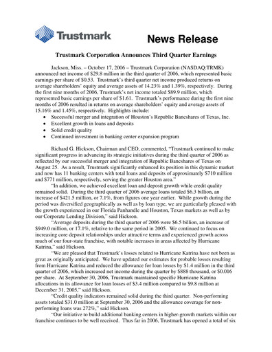 Thumbnail Trustmark Quarterly Report 2006-q3