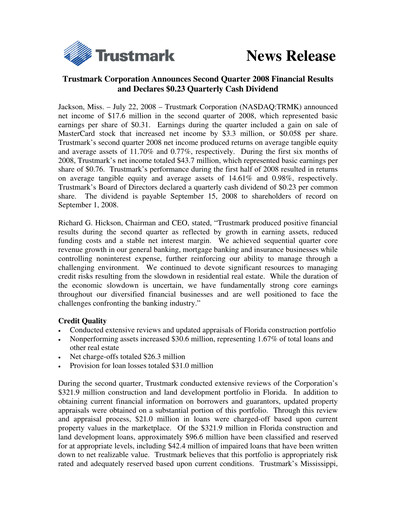 Thumbnail Trustmark Quarterly Report 2008-q2