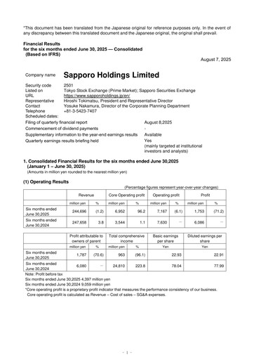 Thumbnail Sapporo Half-year Report 2025-h1
