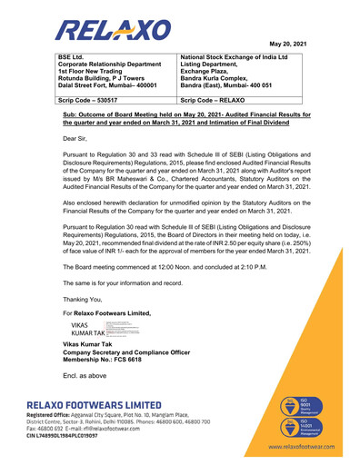 Thumbnail Relaxo Footwear Financial Statement 2020-2021