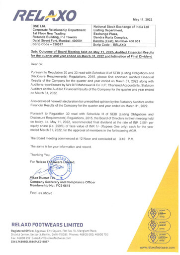 Thumbnail Relaxo Footwear Financial Statement 2021-2022